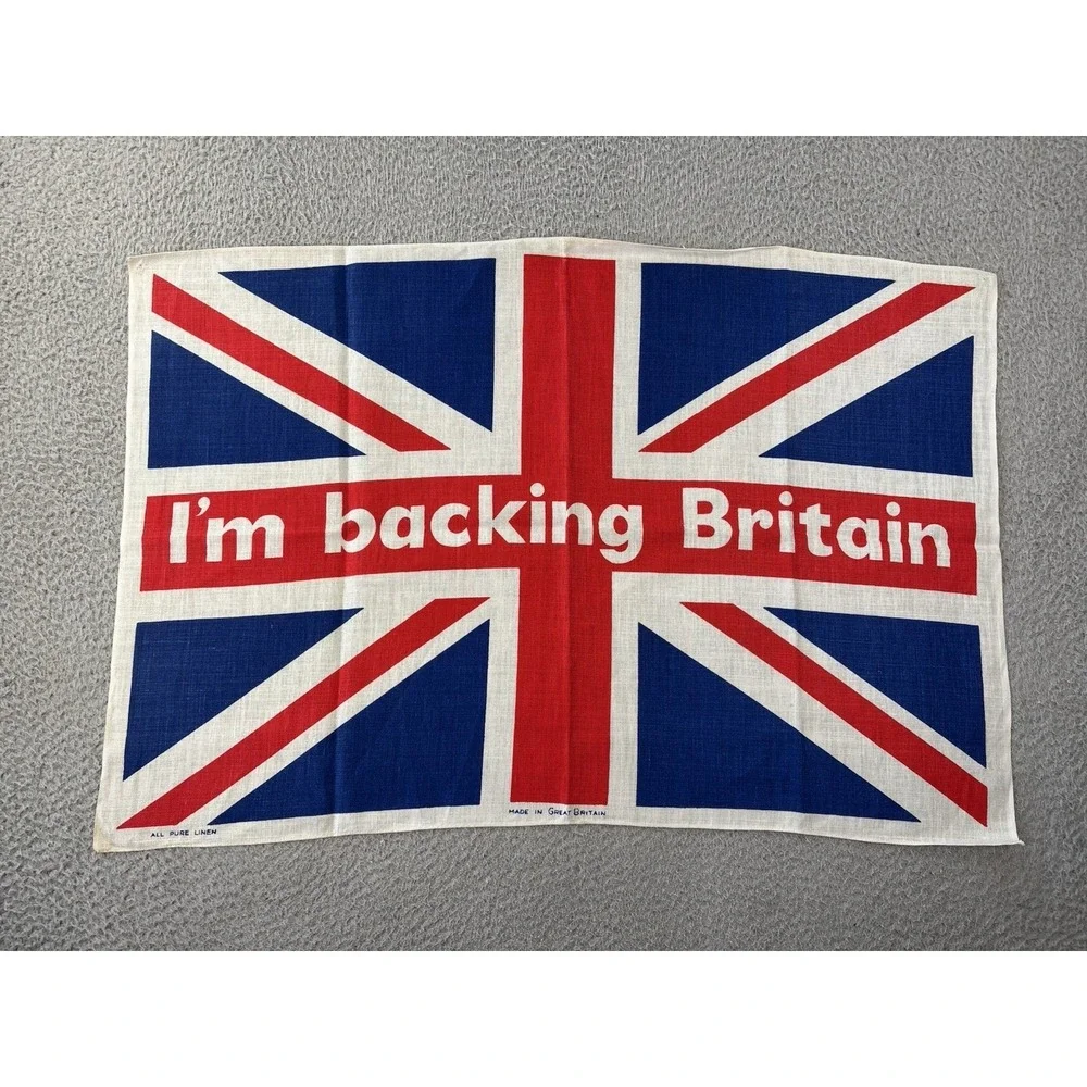 Vintage‎ I'm Backing Britain Tea Towel MCM Kitsch Wall Hanging Union Jack 1960s